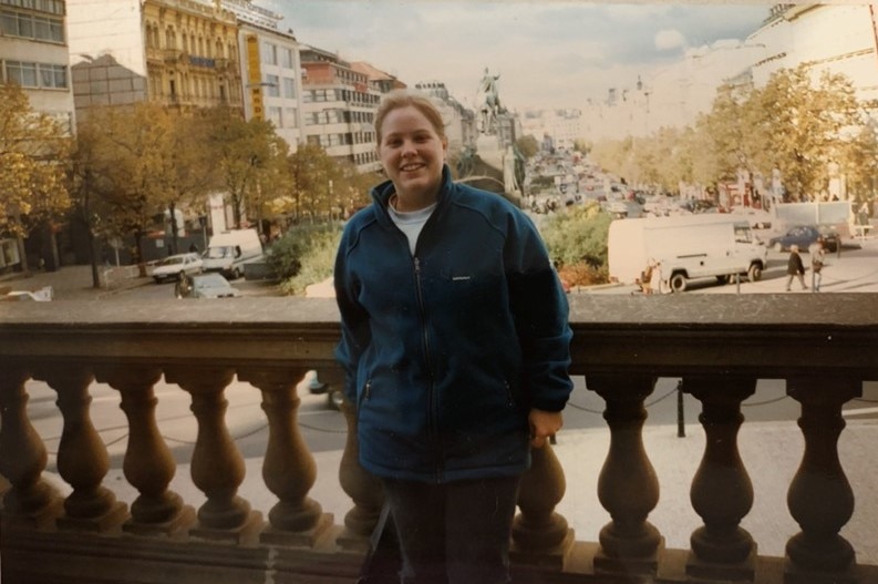 Claire Rimmer stands on a walkway overlooking Wenceslas Square, in Prague.