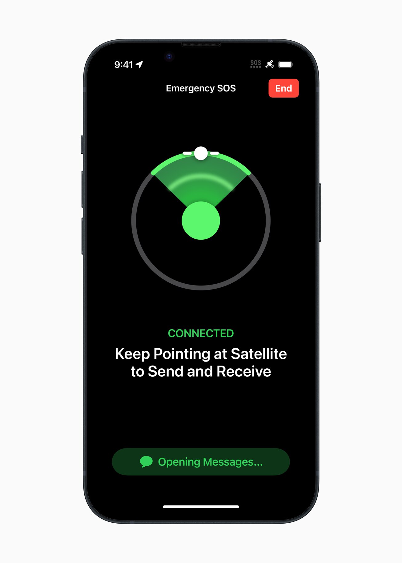 An image of an Apple iPhone displaying an emergency SOS phone call, with prompts for users to point the phone at a satellite