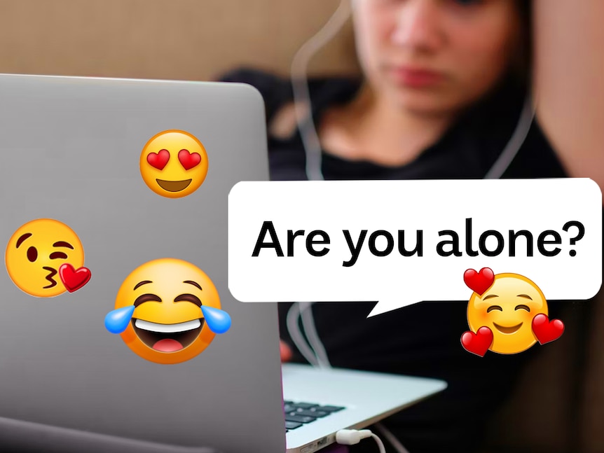 Girl at computer with emojis and speech bubble reading 'Are you alone?'