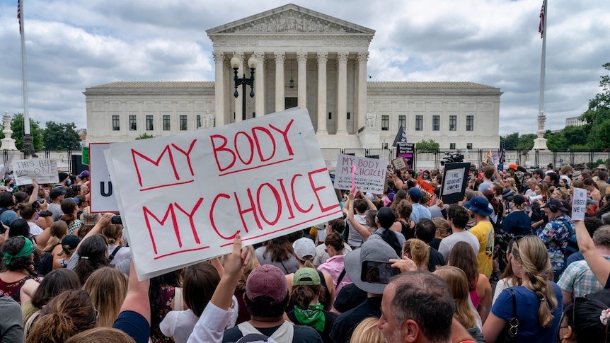 Abortion-rights protesters outside the Supreme Court building.