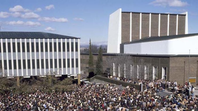Thousands of public servants attend a demonstration in Canberra's Civic Square in 1979.