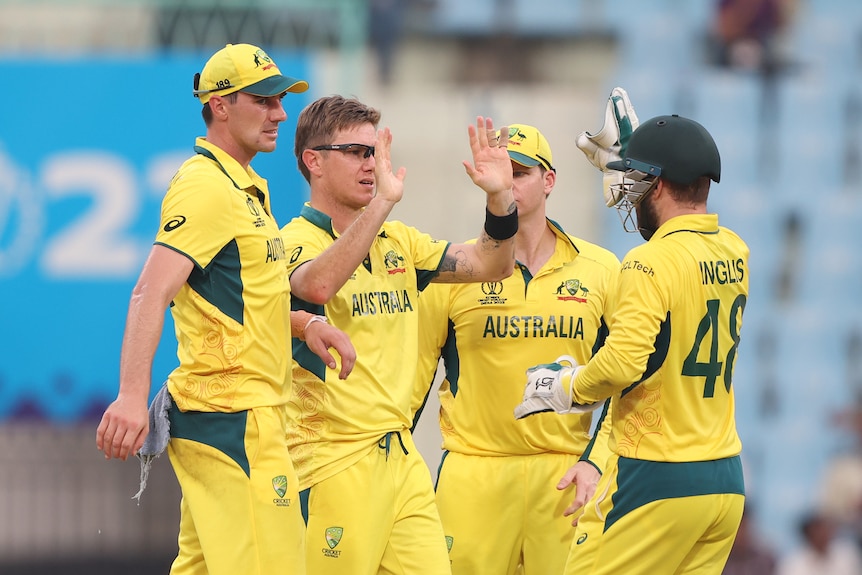 An Australian spinner reaches out to high five a teammate as they gather after a wicket.