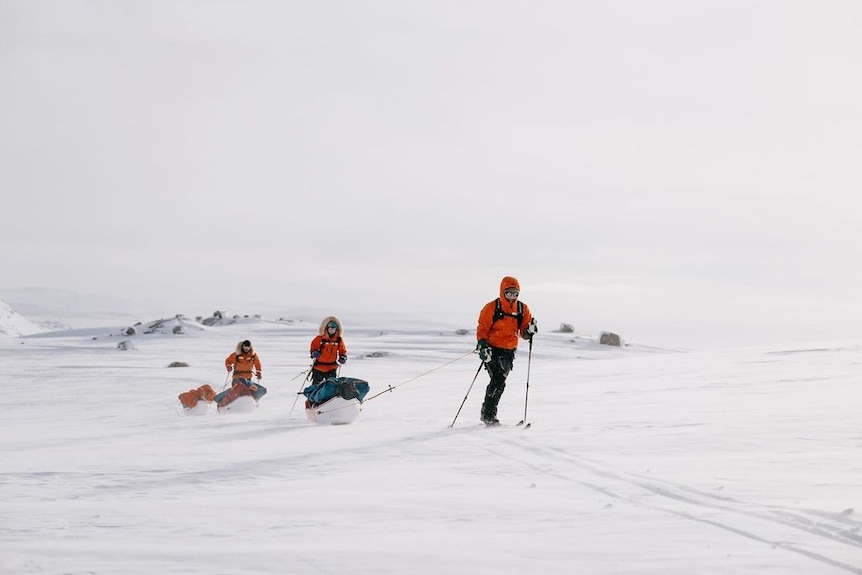 Three people sking pulling sleds and wearing bright red jackets.