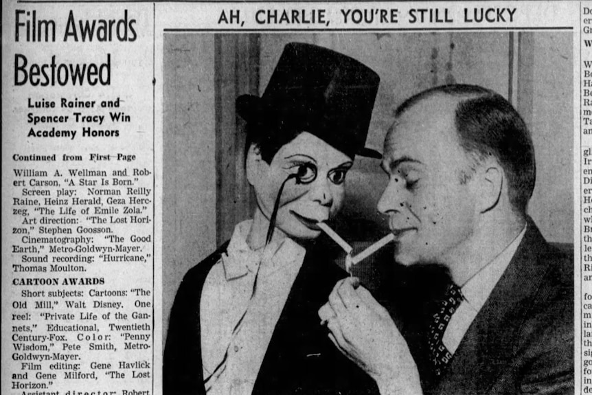 A scan of a 1938 newspaper featuring a photo of a man smoking cigarettes with a ventriloquist dummy
