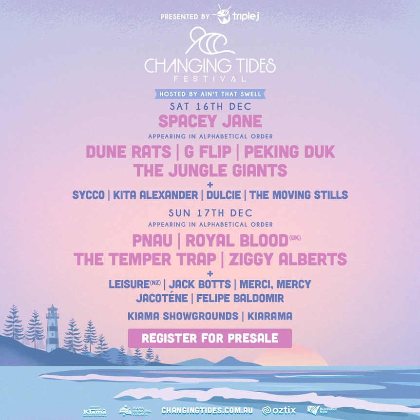 Poster for Changing Tides Festival with artist line up in pink and blue text over a cartoon version of a beach town.