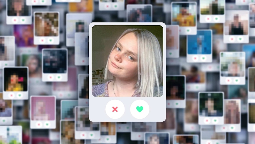 A blonde woman's selfie is used as a Tinder profile picture.