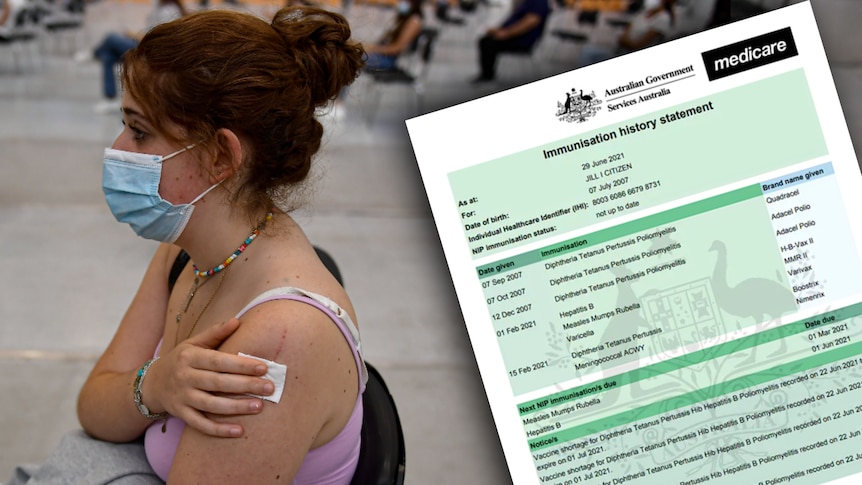 A woman holds a cotton wool ball to her arm after receiving a vaccine and an example of the Immunisation History Statement. 