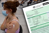 A woman holds a cotton wool ball to her arm after receiving a vaccine and an example of the Immunisation History Statement. 