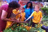Kathryn Dodd Farrawell and Elder Wendy Buchanan with school students looking at plants in the garden.
