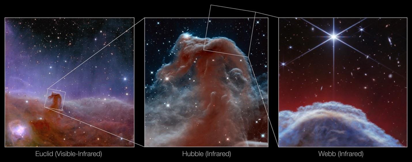 A comparison of three images taken of the Horsehead Nebula using Euclid, Hubble and the Webb telescopes.