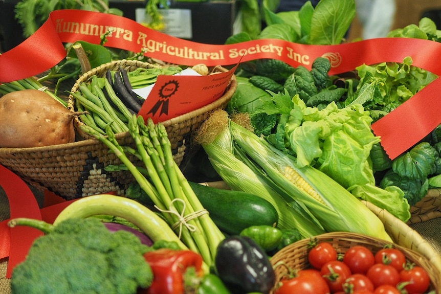 Some of the fresh produce on display at the Kununurra Agricultural Show, including asparagus, corn, broccoli and tomatoes.