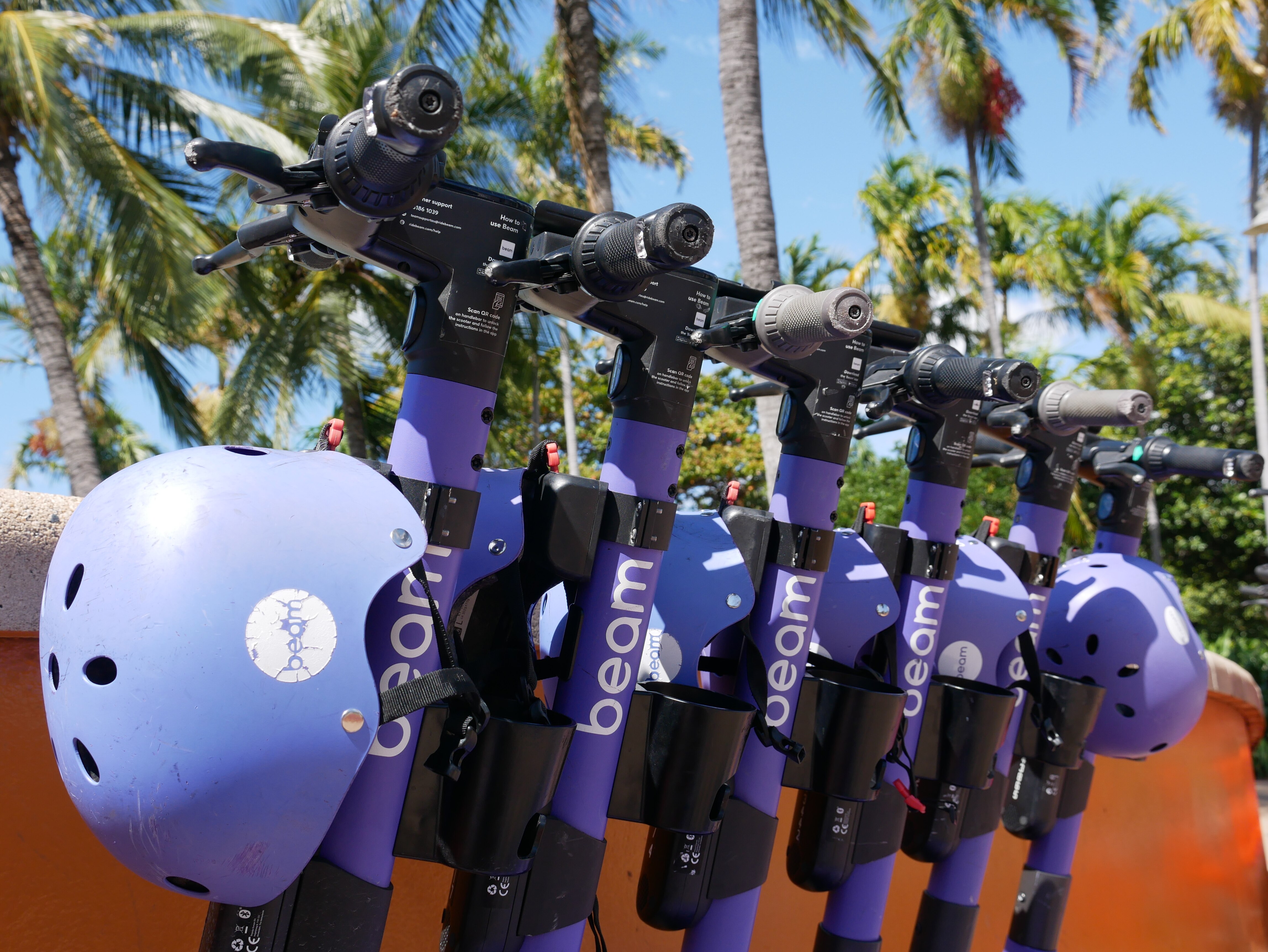 Purple e-scooters lined up in front of palm trees with helmets.