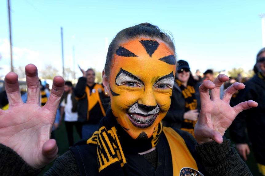 A girl dons a full face of tiger style face paint