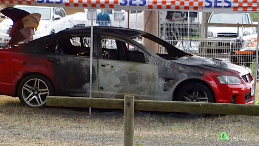 Burnt out car where body was found at Eumemmering