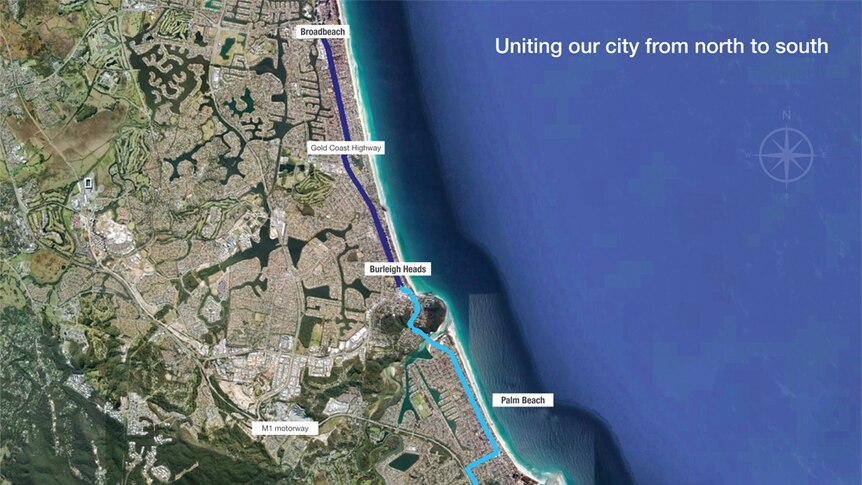 A map of the proposed Gold Coast light rail stage three route