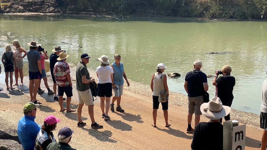 About 20+ tourists stand on the sandy shore near the edge of the water with visible crocodiles submerged a short distance away.