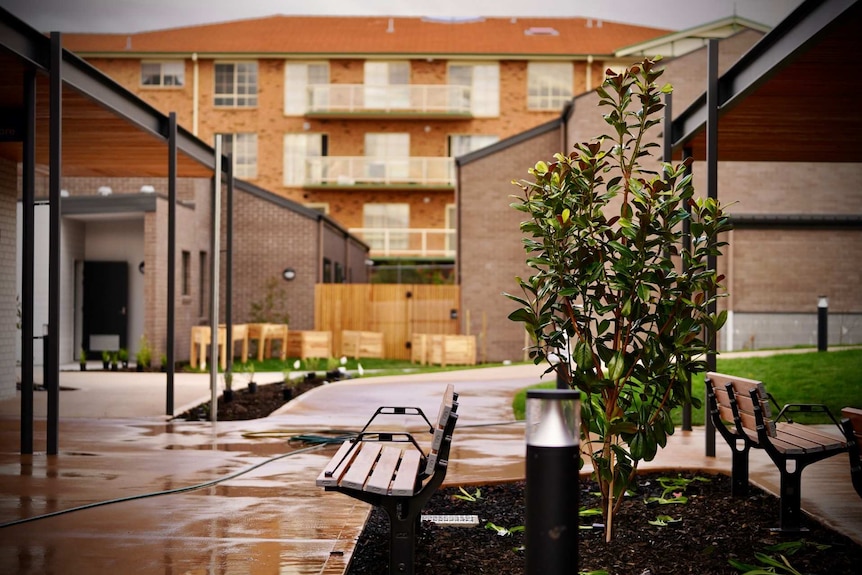 A park bench between two buildings glistens after rain