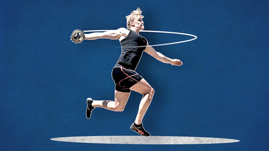 A stylised image of Dani Stevens launching into a discus throw