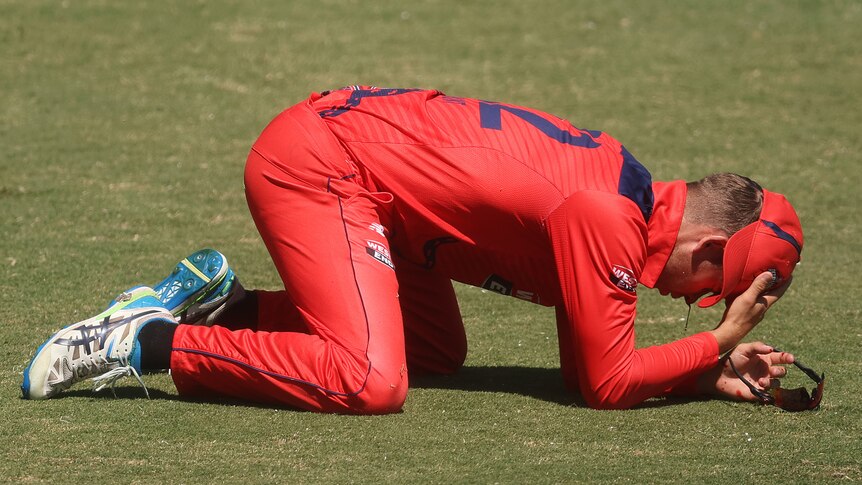 A South Australian cricketer is on all fours on the grass during a match, with blood coming from his nose.