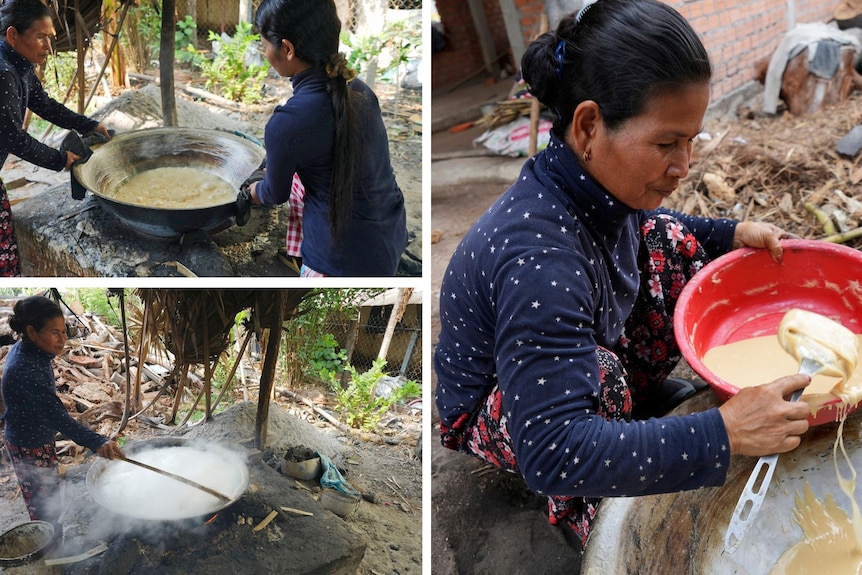 Three images of woman boiling palm tree sap.