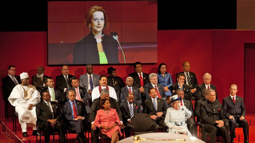 The Queen and others listen to Julia Gillard at CHOGM