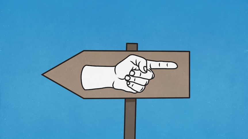 An illustration of a wooden signpost pointing left. On the signpost is a cartoon hand pointing right.