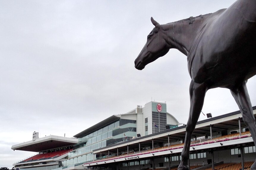 The statue of three-time champion, Makybe Diva, looks over Flemington race course in Melbourne.
