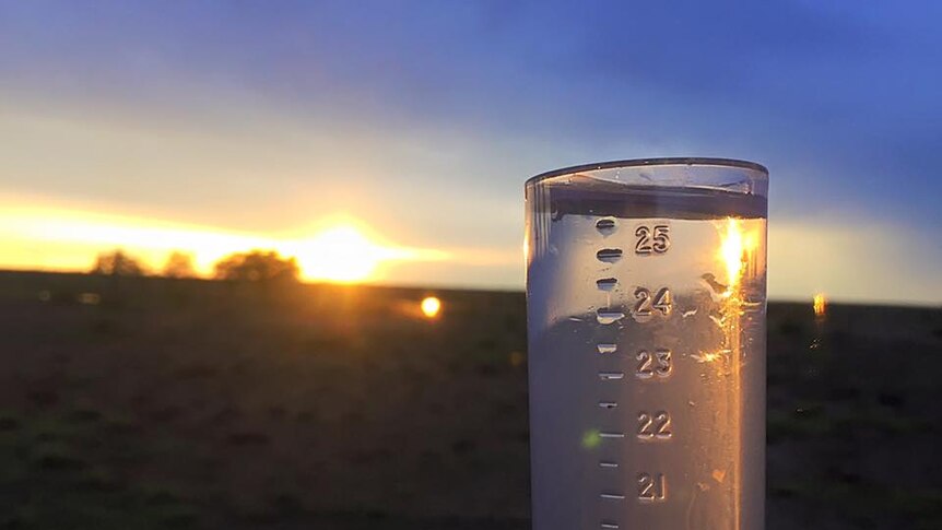 An overflowing rain gauge with the sun setting in the background.