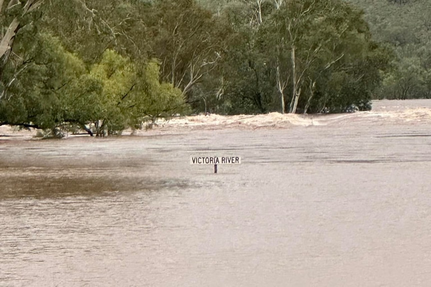 Flood water rushes over a street sign that reads 'Victoria River'