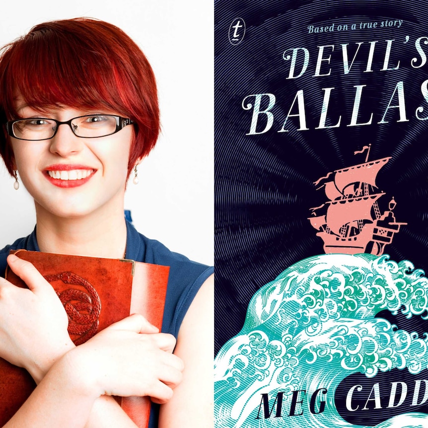 Meg Caddy next to the cover of her new book, Devil's Ballast