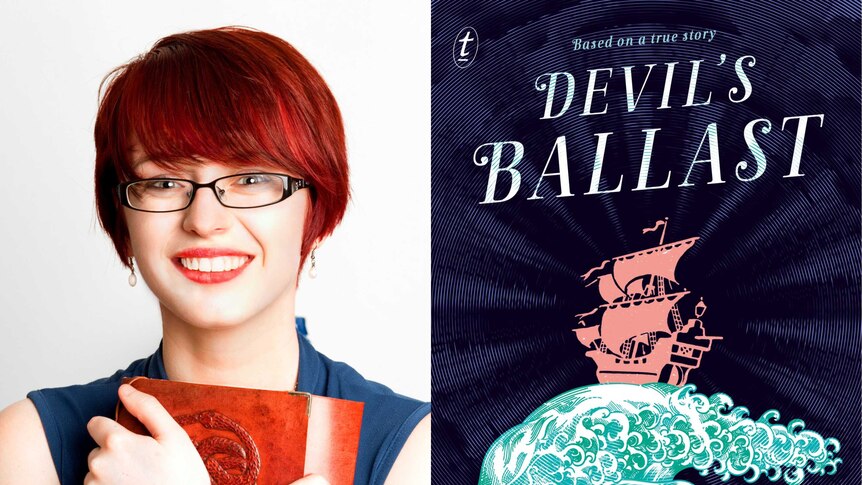 Meg Caddy next to the cover of her new book, Devil's Ballast