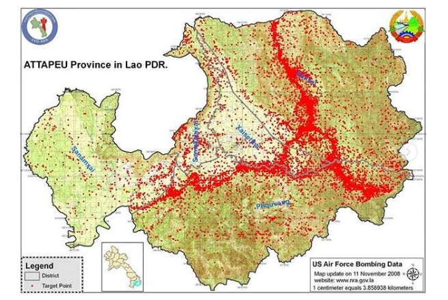 A map of the province of Attapeu shows areas that were targeted during bombing runs