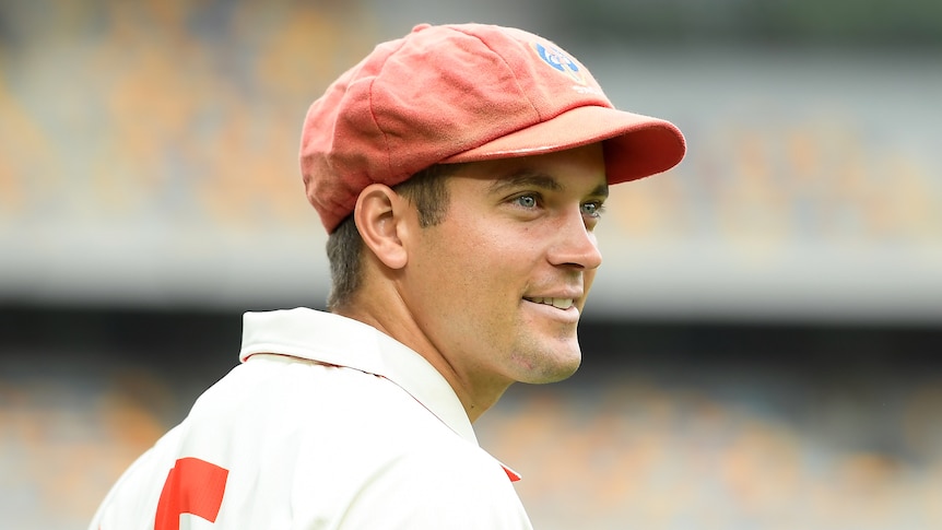 A South Australian Sheffield Shield player looks to his right during a match in 2019.