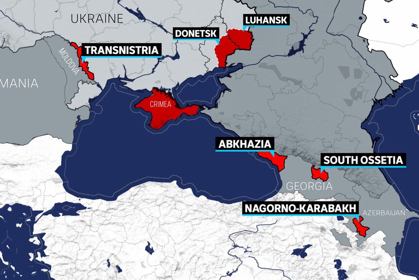 El mapa muestra ubicaciones destacadas en Ucrania, Georgia y Rumania