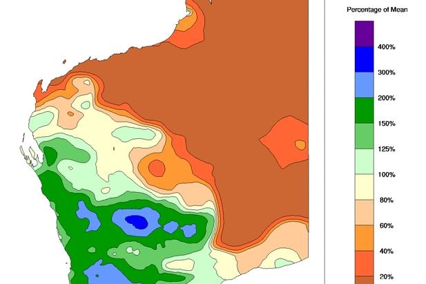 A colour map of rainfall percentages for WA for the month of July 2021.