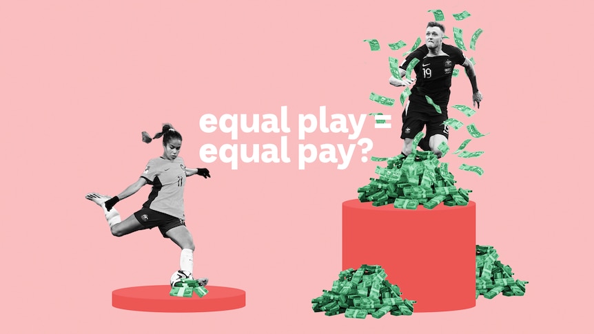 Illustration of a man and women soccer player, the man is on a higher podium with more piles of cash than the woman.