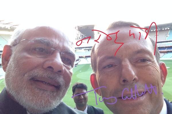Narendra Modi and Tony Abbott take a selfie at Melbourne Cricket Ground