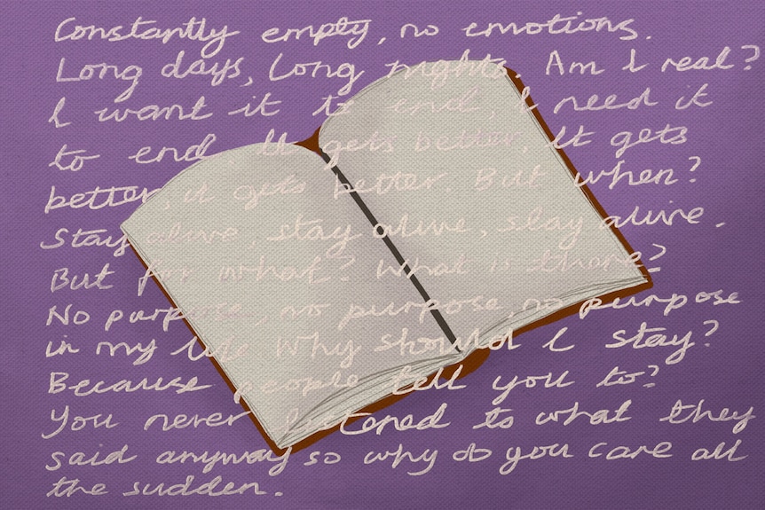 a painting of an open journal, with a purple background and scrawled white writing 