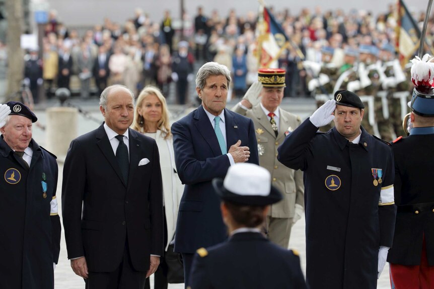 French foreign minister Laurent Fabius (2nd left) and US secretary of state John Kerry (centre)