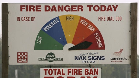 A sign shows a total fire ban is in force as bushfires near the area in Heyfield in Victoria