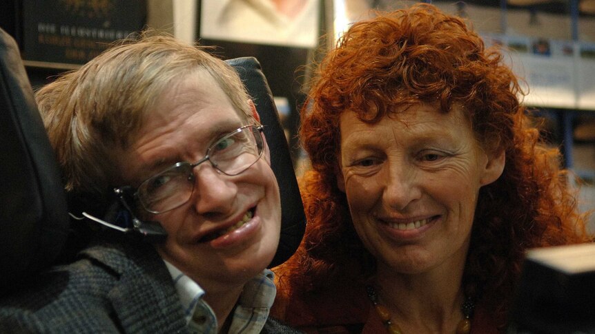 Close-up of Stephen Hawking with his ex-wife wife Elaine Mason.