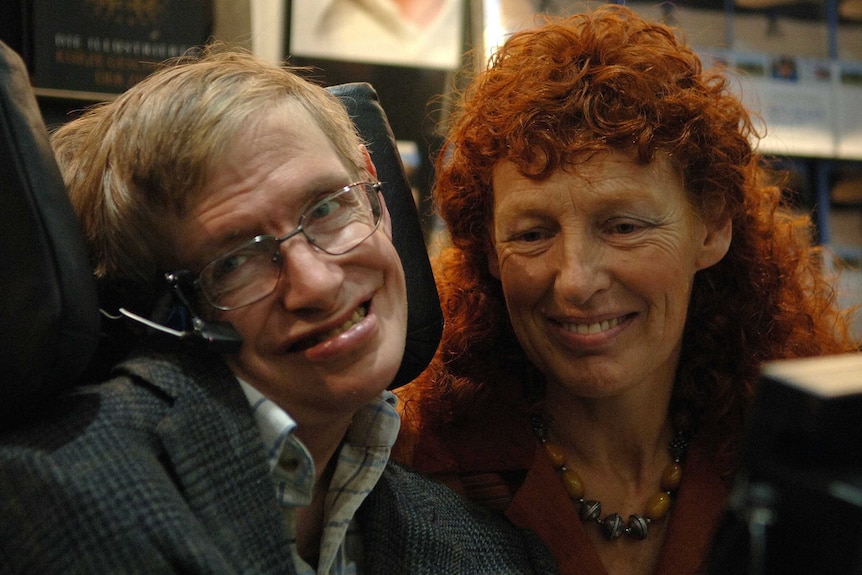 Close-up of Stephen Hawking with his ex-wife wife Elaine Mason.