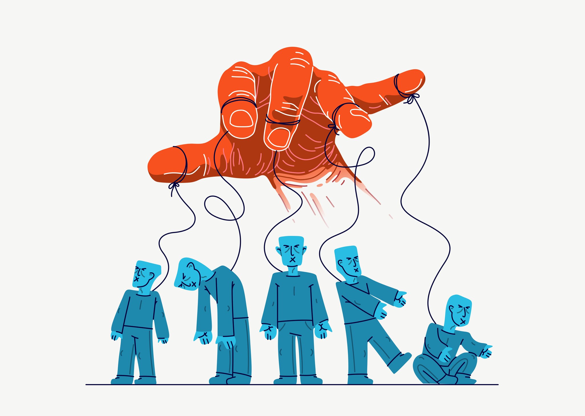 A big hand manipulates zombie figures below using strings like a puppeteer