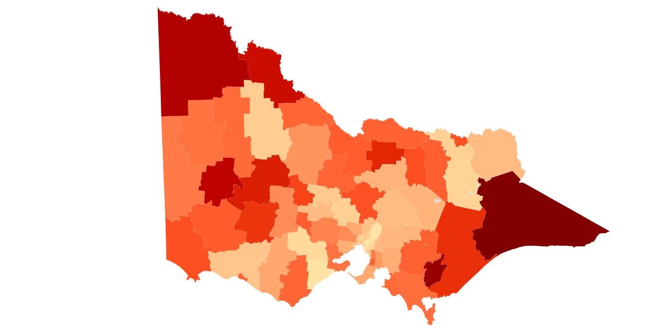 Victorian map showing different areas and rates of family violence, with higher rates shaded in deeper red.
