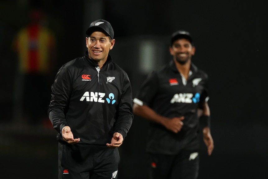 Ross Taylor celebrates after taking a catch to win the match against the Netherlands