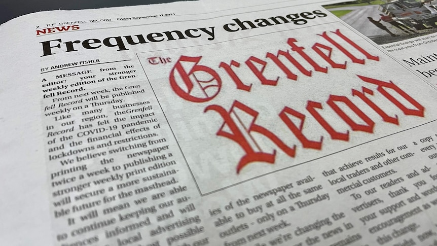 A print newspaper article with the headline 'Frequency Changes' and the words 'The Grenfell Record' in red, old-fashioned text.