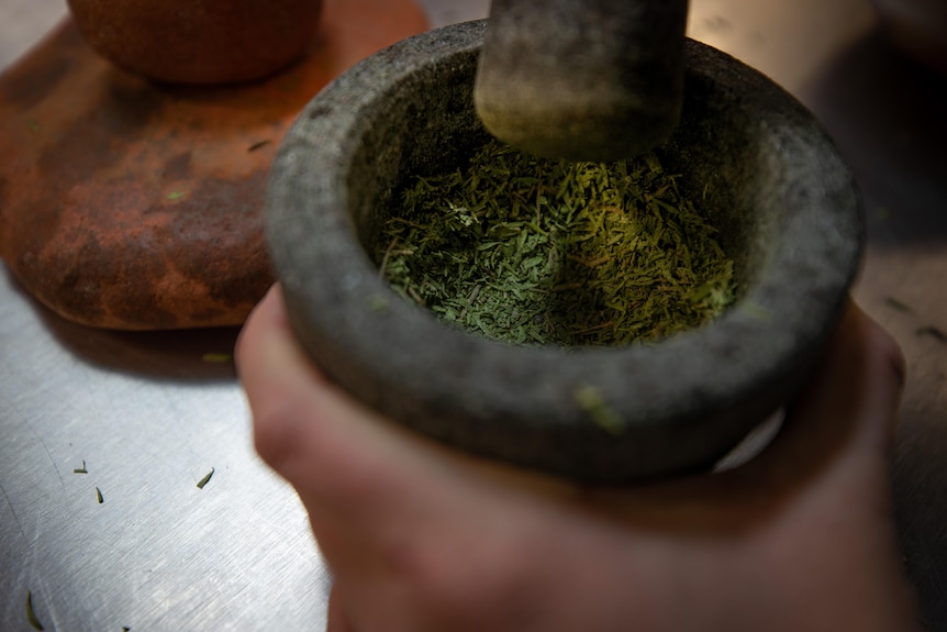 A mortar and pestle is used to grind a green herb