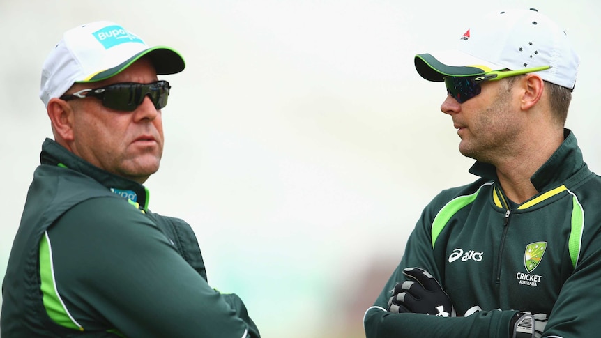 Backs to the wall ... Australia coach Darren Lehmann (L) speaks with captain Michael Clarke during a nets session ahead at Trent Bridge