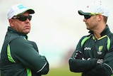 Backs to the wall ... Australia coach Darren Lehmann (L) speaks with captain Michael Clarke during a nets session ahead at Trent Bridge