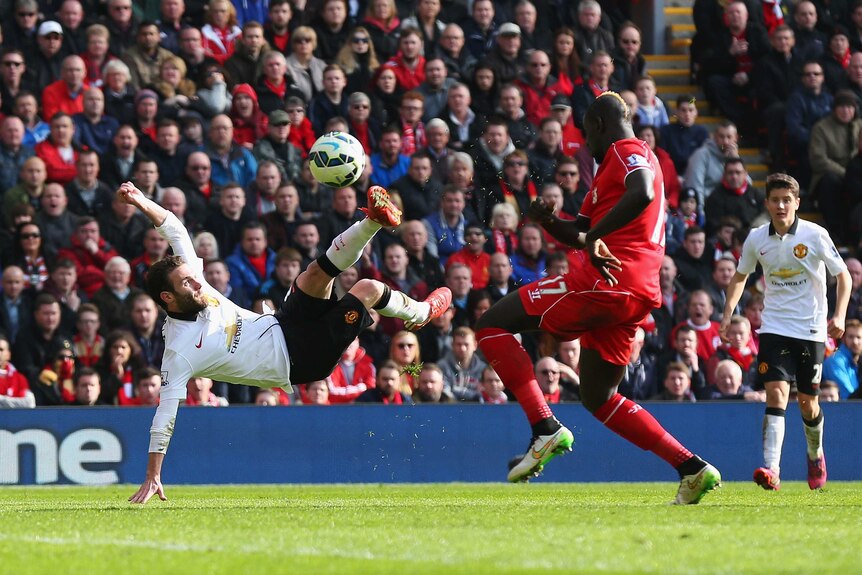 Mata scores with a volley against Liverpool